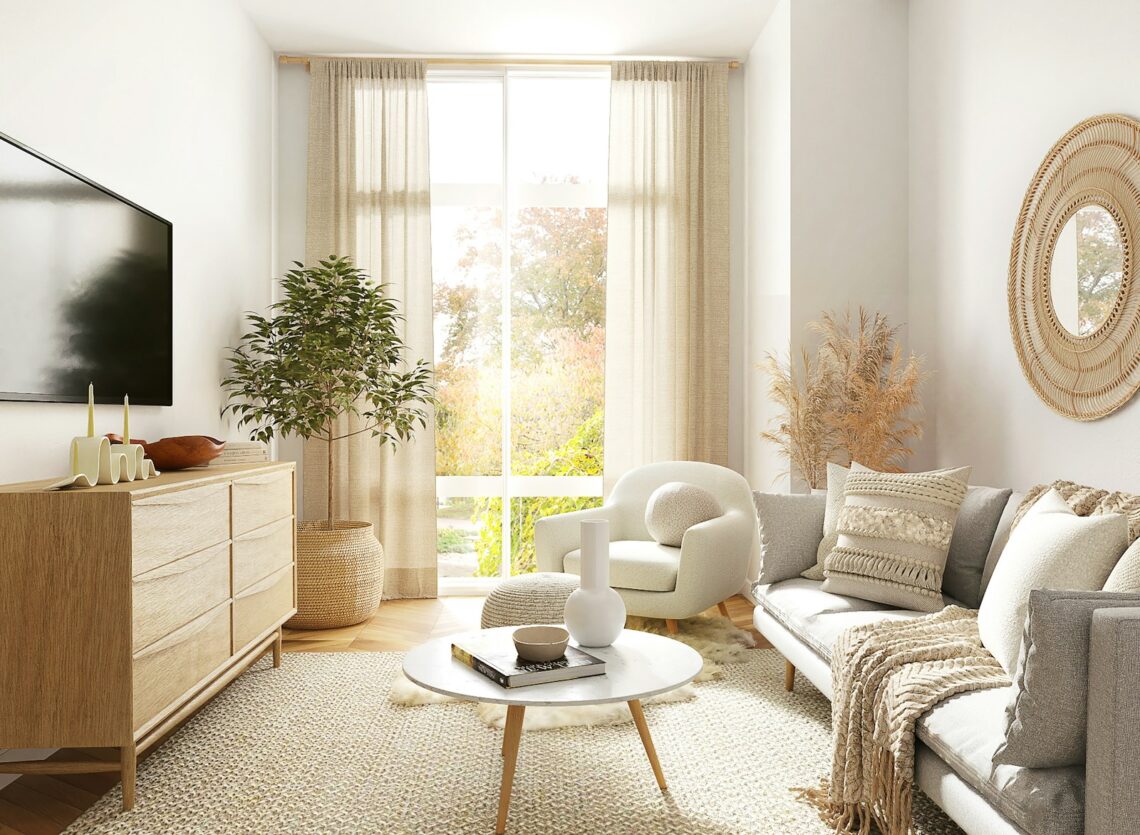 Cozy scandi small apartment living room with organized sideboard storage and warm natural tones