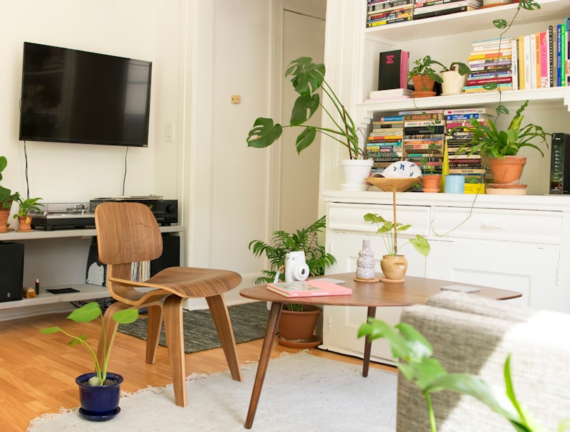 cozy apartment living room with monstera plants bookshelves and mid-century chair