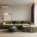 Modern apartment living room with green sectional sofa, throw blanket, and large windows with burgundy curtains