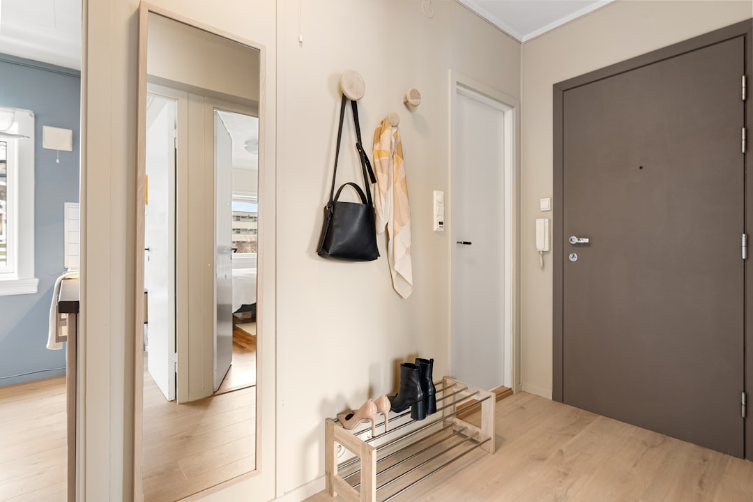 Scandinavian apartment entryway with wall hooks, shoe rack, and full-length mirror near front door