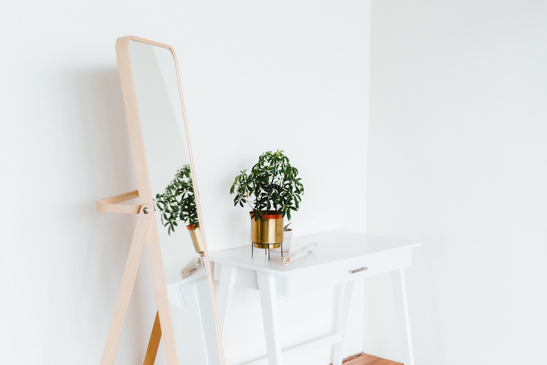 Leaning full-length mirror with wooden frame and small potted plant on white side table