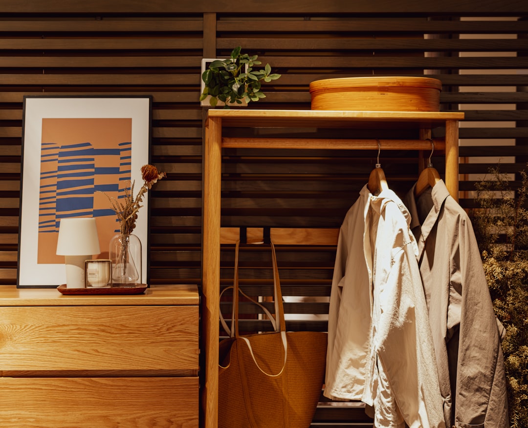 Japandi-style wooden coat rack with hanging coats, bags, plant, and framed art
