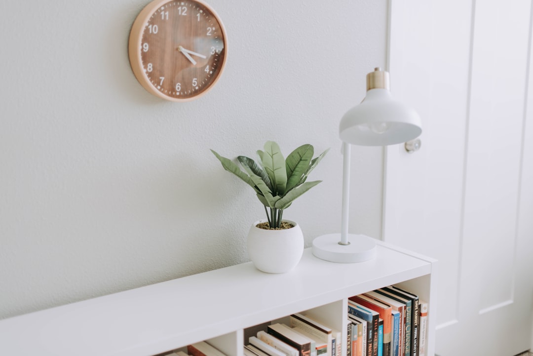 White floating shelf unit with a small potted plant, desk lamp, and books underneath, with a round wooden wall clock above