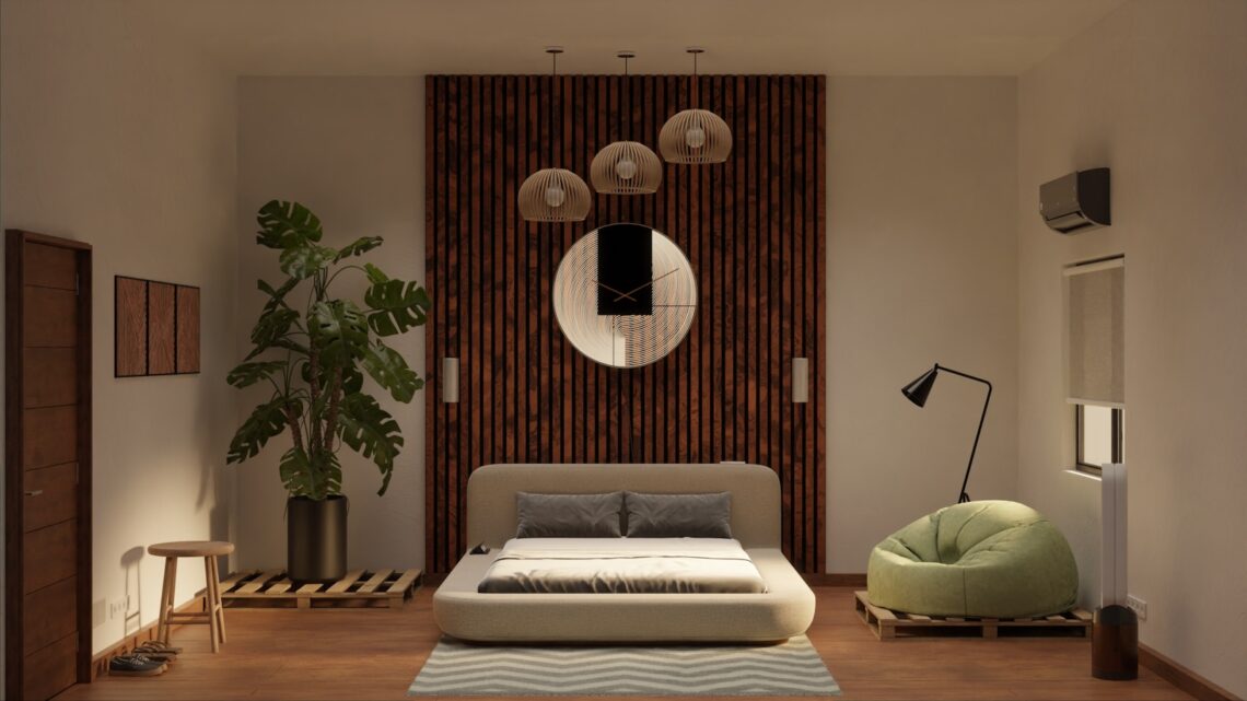 Japandi bedroom with low platform bed, wood slat accent wall, woven pendant lights, and monstera plant