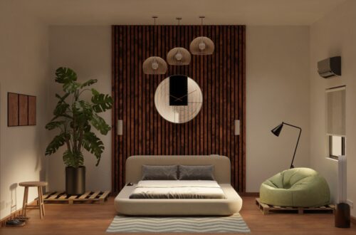 Japandi bedroom with low platform bed, wood slat accent wall, woven pendant lights, and monstera plant