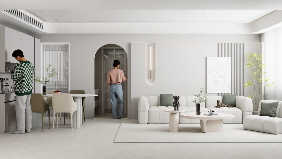 Two people together in a modern minimalist apartment, one at the kitchen counter, one near an arched doorway