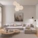 minimal apartment living room with three globe pendant lights and city view