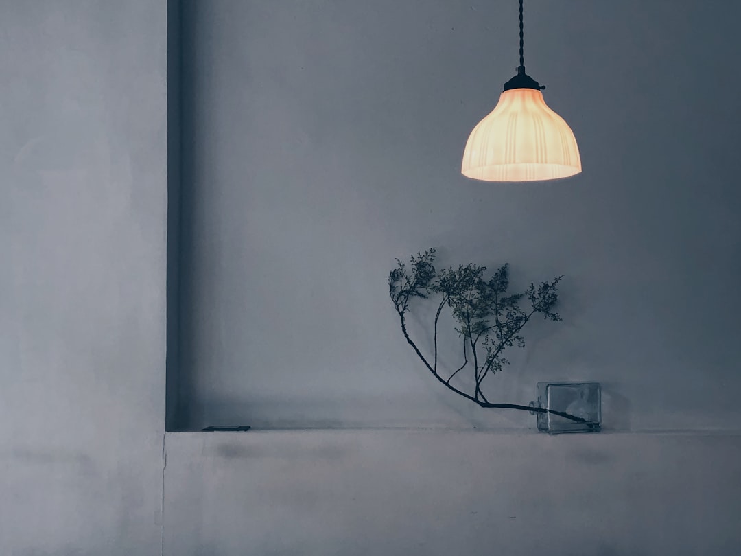 minimal dome pendant light glowing warm against concrete wall with branch in glass vase
