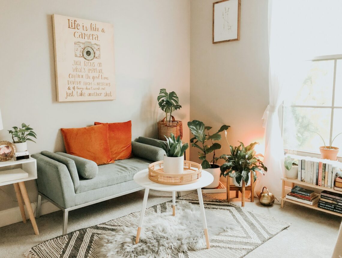 Cozy NYC-style apartment living room with plants, a grey sofa, orange pillows, and boho rug