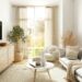cozy small apartment living room with neutral boho decor and warm natural light