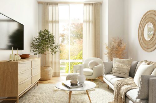 cozy small apartment living room with Scandinavian furniture and natural light