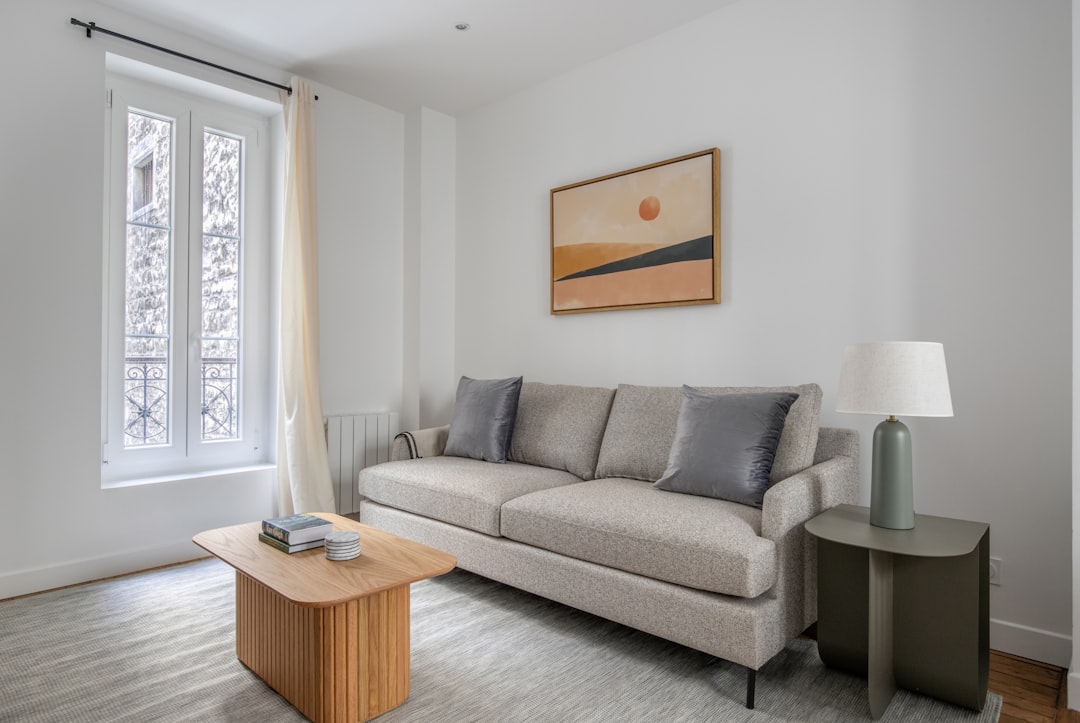 Single large landscape art print in a wooden frame hanging above a gray sofa in a bright apartment living room