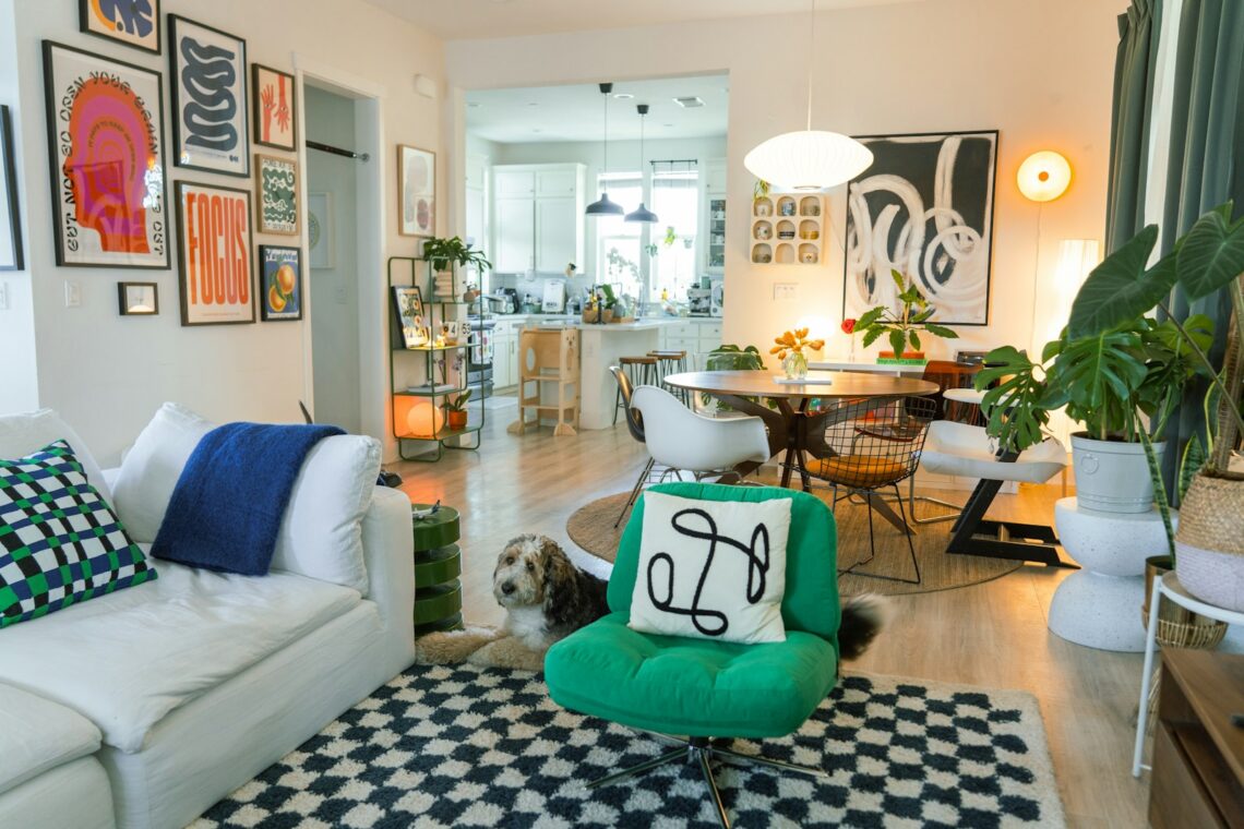 Eclectic studio apartment living room with a fluffy dog resting on a patterned rug surrounded by colorful art and plants