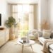 Cozy Scandinavian apartment living room with neutral tones, sheer curtains, and plush rug