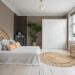 Scandinavian cozy bedroom with rattan headboard and plant